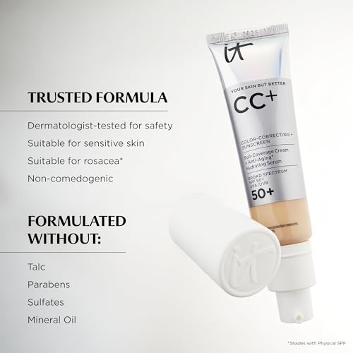 CC+ Cream (Medium) - Natural Full Coverage Foundation With SPF 50+, Color Corrector & Anti-Aging Hydrating Serum, Hyaluronic Acid + Peptides, Lightweight - 1.08 fl oz
