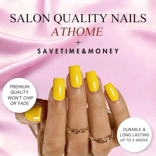 JOYVVEW Bright Yellow Press On Nails Medium Square
