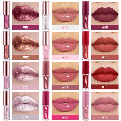 12Pcs Liquid Lipstick Makeup Set, Metallic Matte Lip Oil Gift Set