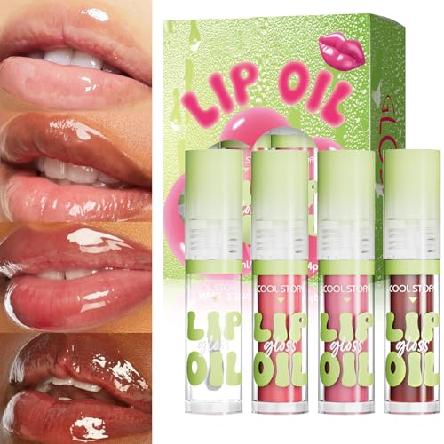 4 Pack Hydrating Glow Lip Oil Set, Moisturizing Lip Gloss, LIGHT
