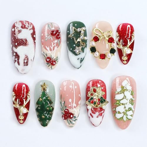 30Pcs Christmas Press on Nails Medium Almond French Tip Fake Nails