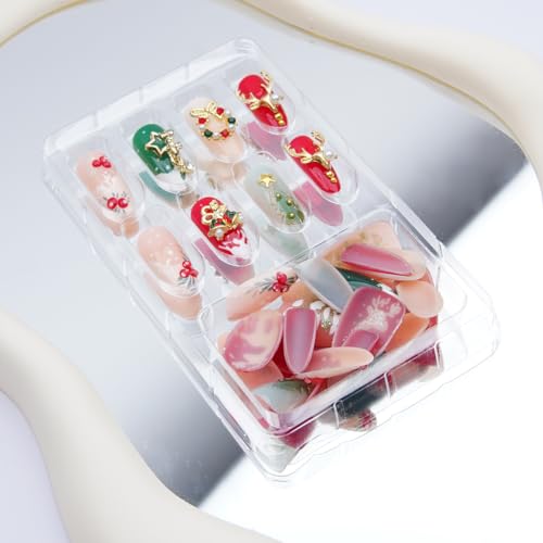 30Pcs Christmas Press on Nails Medium Almond French Tip Fake Nails