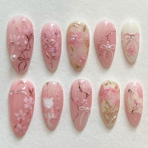30Pcs Pink Flower Press on Nails Medium Almond Fake Nails Peach Blossom