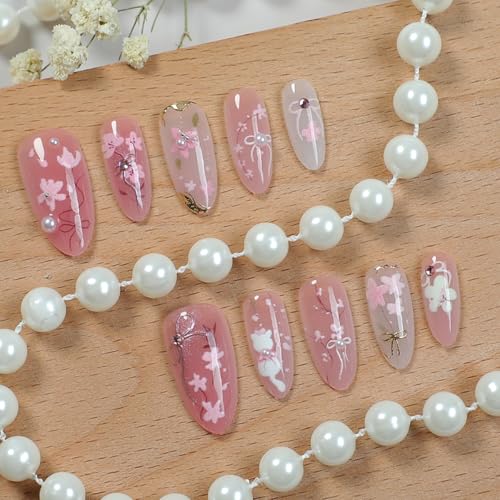 30Pcs Pink Flower Press on Nails Medium Almond Fake Nails Peach Blossom
