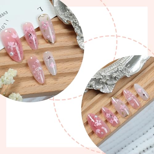 30Pcs Pink Flower Press on Nails Medium Almond Fake Nails Peach Blossom