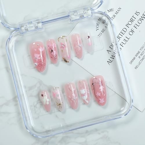 30Pcs Pink Flower Press on Nails Medium Almond Fake Nails Peach Blossom