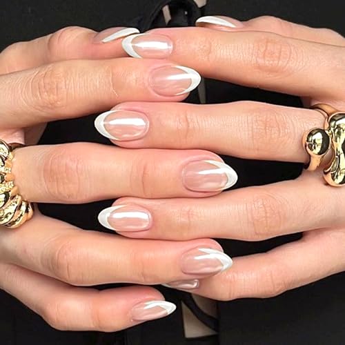 32Pcs White French Press on Nails Short Round Fake Nails Glossy Electroplated