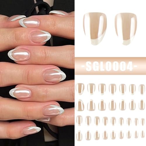 32Pcs White French Press on Nails Short Round Fake Nails Glossy Electroplated
