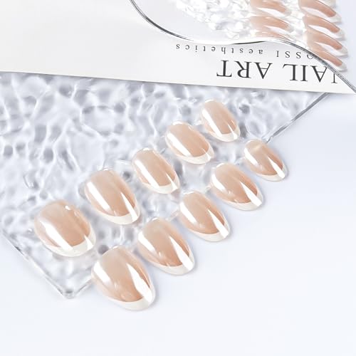 32Pcs White French Press on Nails Short Round Fake Nails Glossy Electroplated