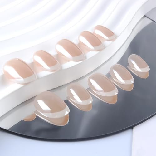 32Pcs White French Press on Nails Short Round Fake Nails Glossy Electroplated