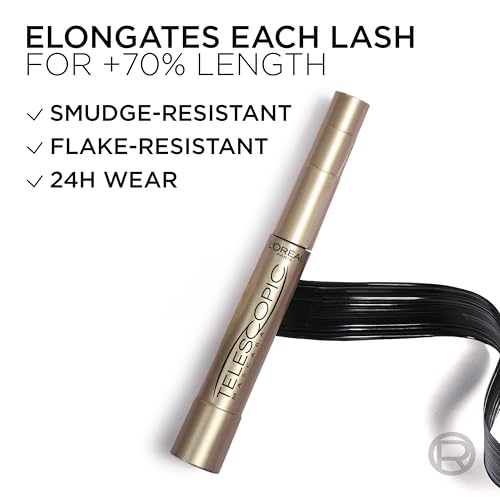 L’Oreal Paris Makeup Original Telescopic Mascara, Separating Mascara Volume and Length Formula, Waterproof, Black, 0.27 Fl Oz., 1 Count