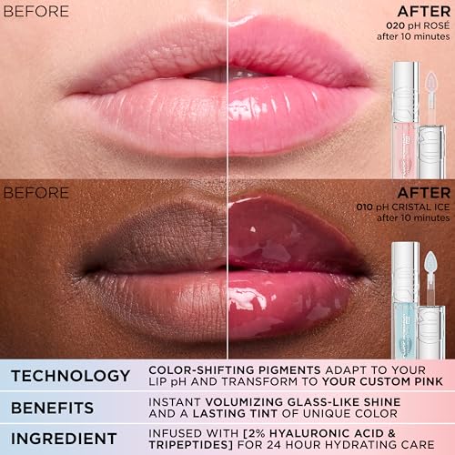 Plump Ambition pH Hyaluron Lip Oil, Color Shifting Lip Tint with 24HR Hydration, Volumizing Shine and Lasting Color, 010 pH Cristal Ice