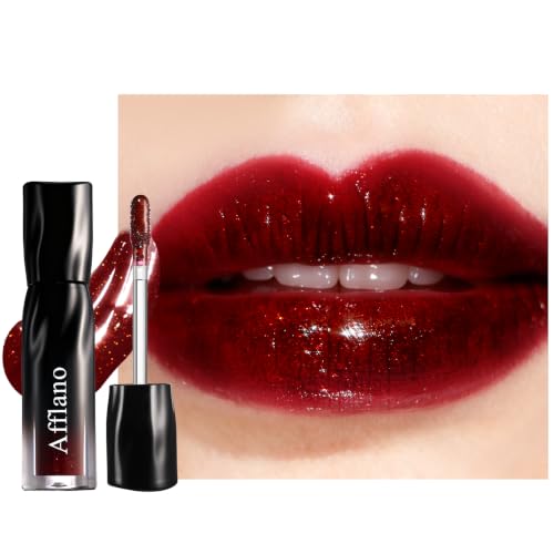 Goth Red Shimmer Lip Gloss, High Shine Burgundy Lipstick with Red-Gold Fine