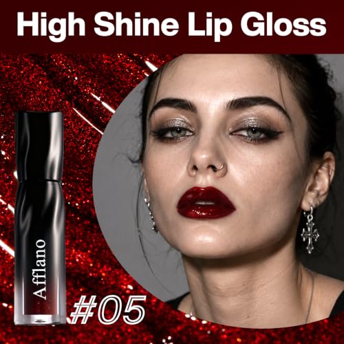 Goth Red Shimmer Lip Gloss, High Shine Burgundy Lipstick with Red-Gold Fine