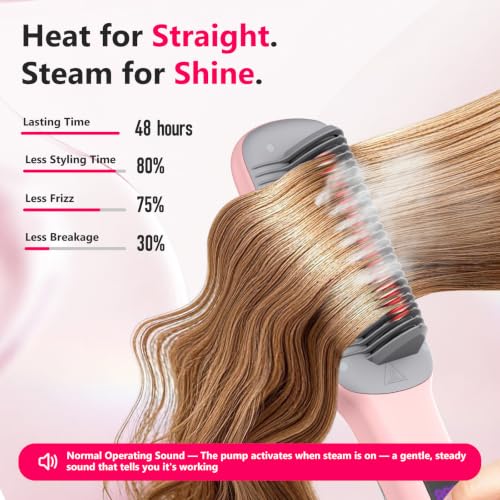 Steam Straightener Brush One-Pass Frizz-Free for Curly Coarse Hair
