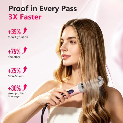 Steam Straightener Brush One-Pass Frizz-Free for Curly Coarse Hair