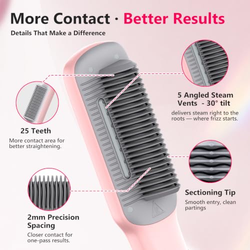 Steam Straightener Brush One-Pass Frizz-Free for Curly Coarse Hair