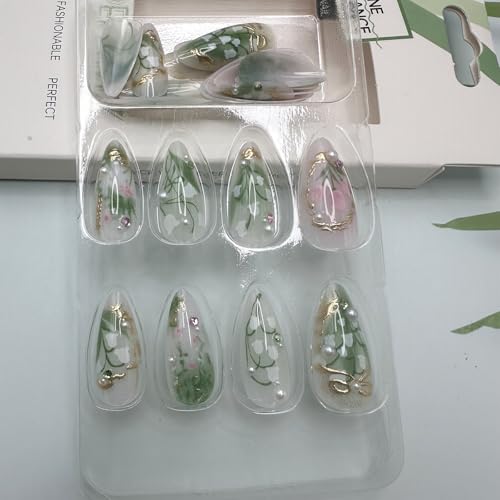 Green Press on Nails Medium Almond Fake Nails with 3D Pearl Rhinestones Designs Gold Frenc