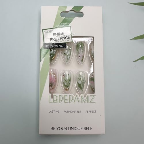 Green Press on Nails Medium Almond Fake Nails with 3D Pearl Rhinestones Designs Gold Frenc