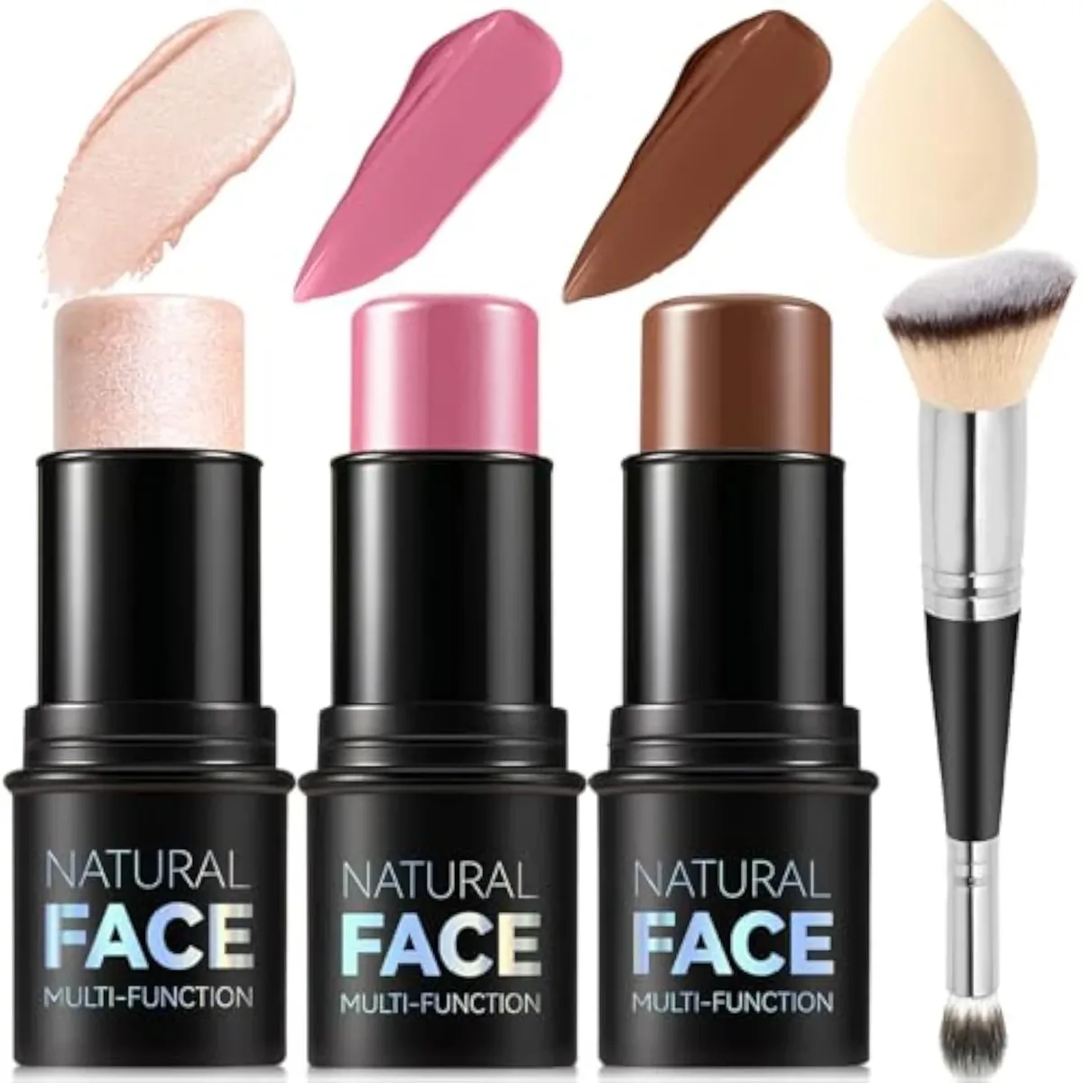 3Pcs Cream Contour Stick Makeup Kit, Shades with Highlighter, Blush and Bronzer Contour Stick for Sculpt the Cheeks, Long Lasting, Waterproof, Matte & Dewy Finish (LIGHT M