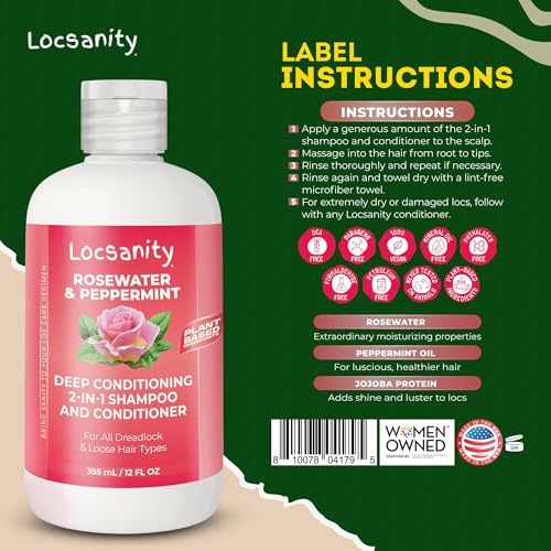 Shampoo and Conditioner for Dreadlocks - Locsanity Rosewater Peppermint 2-in-1 Sulfate-Free Formula - Moisturizing & Strengthening for Locs, Microlocs & Natural Hair (12
