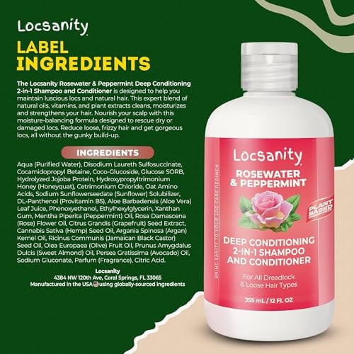 Shampoo and Conditioner for Dreadlocks - Locsanity Rosewater Peppermint 2-in-1 Sulfate-Free Formula - Moisturizing & Strengthening for Locs, Microlocs & Natural Hair (12