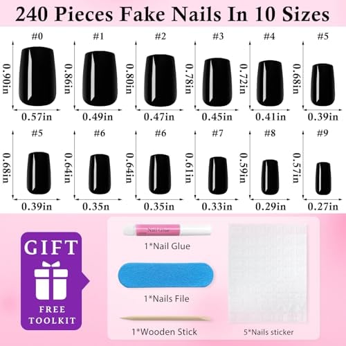 240pc Black Press on Nails Medium Fake Nail Square Glue on Nails