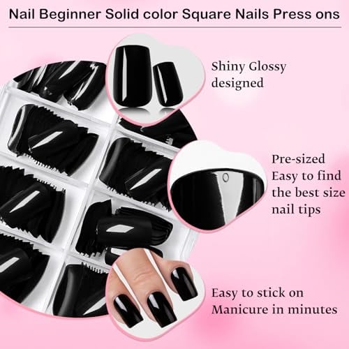 240pc Black Press on Nails Medium Fake Nail Square Glue on Nails