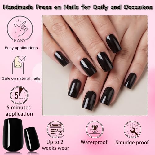 240pc Black Press on Nails Medium Fake Nail Square Glue on Nails