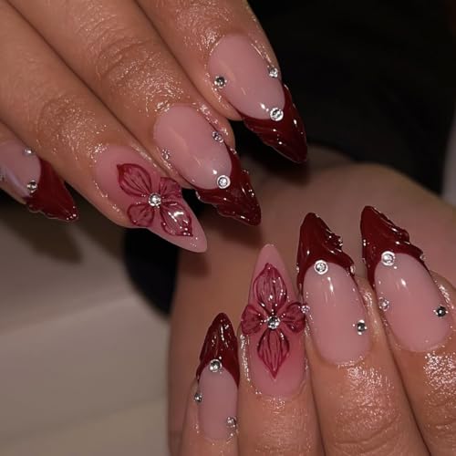 Red French Tip Press on Nails Almond