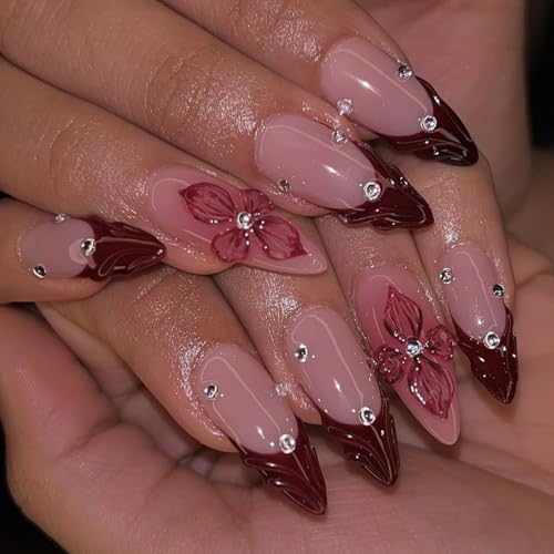 Red French Tip Press on Nails Almond