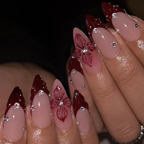 Red French Tip Press on Nails Almond