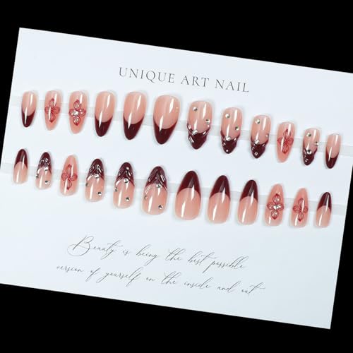 Red French Tip Press on Nails Almond