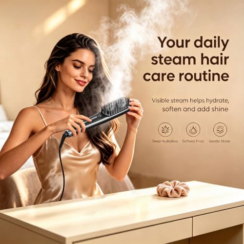 Ionic Steam Hair Straightener Brush for Black Women Hair and Curly Hair