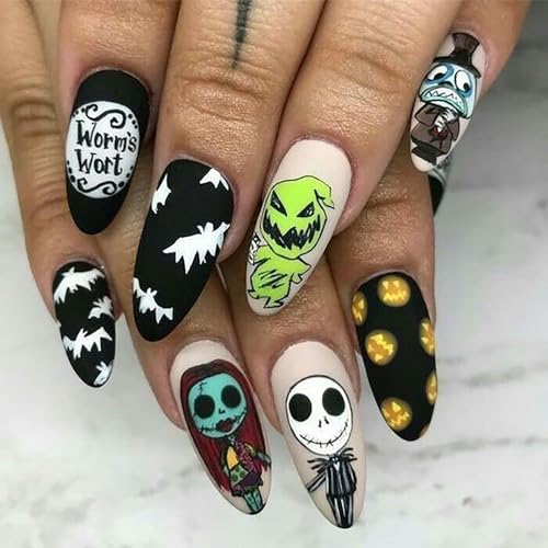 Halloween Press on Nails Medium Almond Fake Nails Full Cover Nightmare Christmas