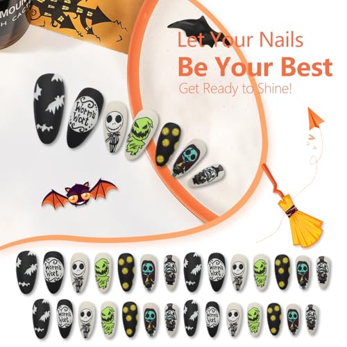 Halloween Press on Nails Medium Almond Fake Nails Full Cover Nightmare Christmas