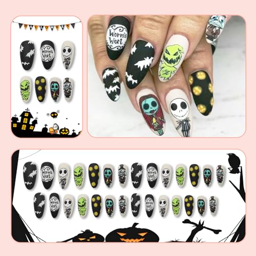 Halloween Press on Nails Medium Almond Fake Nails Full Cover Nightmare Christmas