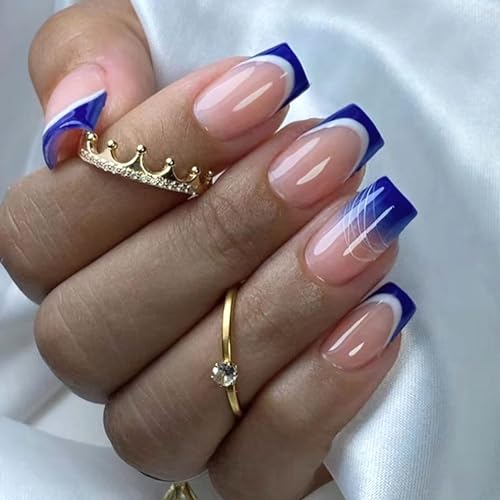 Blue Press On Medium French Tip Fake Nails
