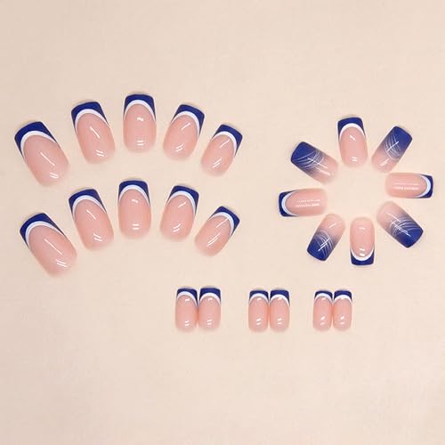 Blue Press On Medium French Tip Fake Nails