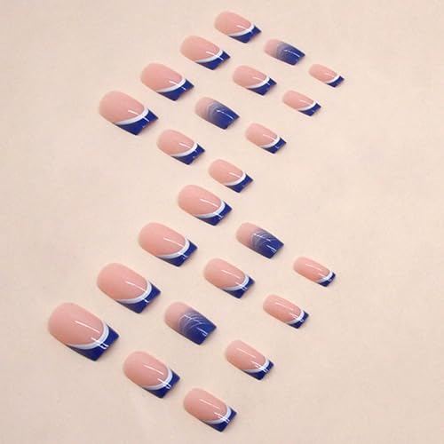 Blue Press On Medium French Tip Fake Nails