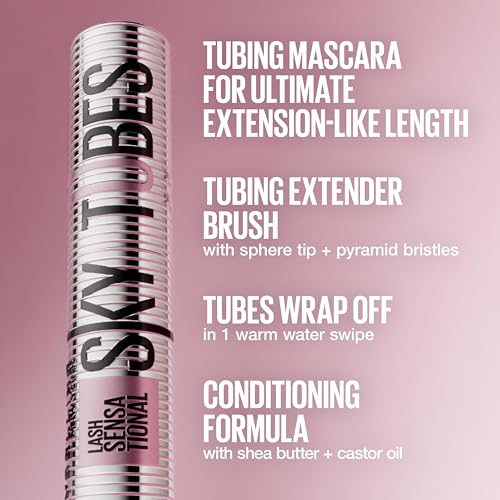 Lash Sensational Sky Tubes Tubing Mascara, Extension-Like Lengthening Mascara, 24HR Eye Makeup with Shea Butter & Castor Oil, Very Black, 1 Count