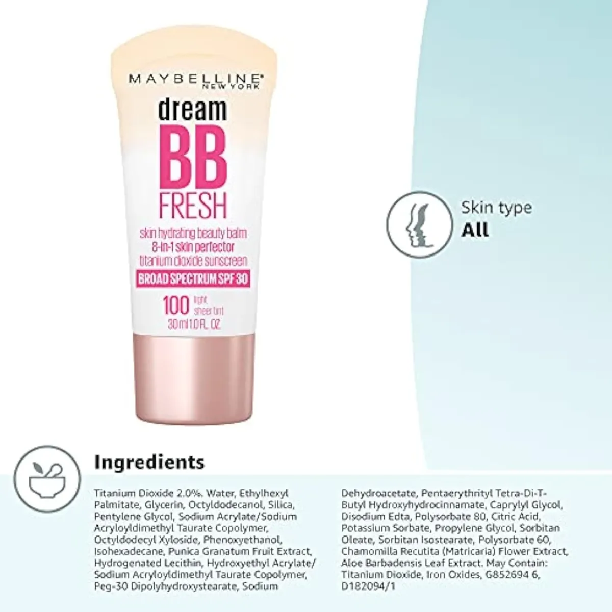 Dream Fresh Skin Hydrating BB cream, 8-in-1 Skin Perfecting Beauty Balm with Broad Spectrum SPF 30, Sheer Tint Coverage, Oil-Free, Light, 1 Fl Oz
