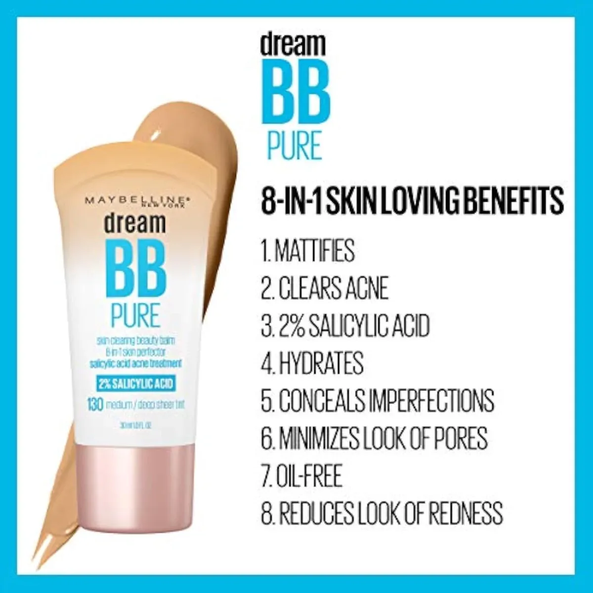 Dream Pure Skin Clearing BB Cream, 8-in-1 Skin Perfecting Beauty Balm With 2% Salicylic Acid, Sheer Tint Coverage, Oil-Free, Light, 1 Count