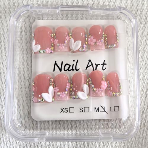 Handmade Press on Nails Square Short Fake Nails Pink French Tip with 3D