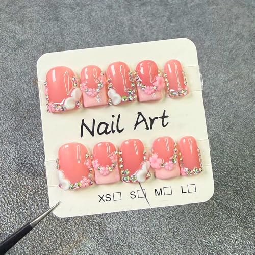 Handmade Press on Nails Square Short Fake Nails Pink French Tip with 3D