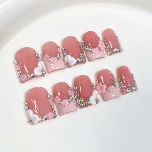 Handmade Press on Nails Square Short Fake Nails Pink French Tip with 3D