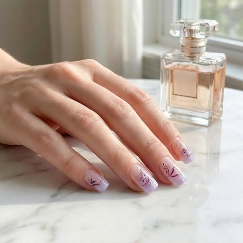 Purple Press on Nails Short Square with Floral Design - French Tip Ombre Fake Nails
