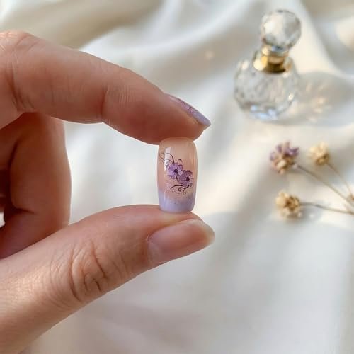 Purple Press on Nails Short Square with Floral Design - French Tip Ombre Fake Nails