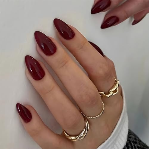 Red Press On Nails Medium Almond Burgundy Glossy Full Cover Reusable Acrylic Fake Nails Se