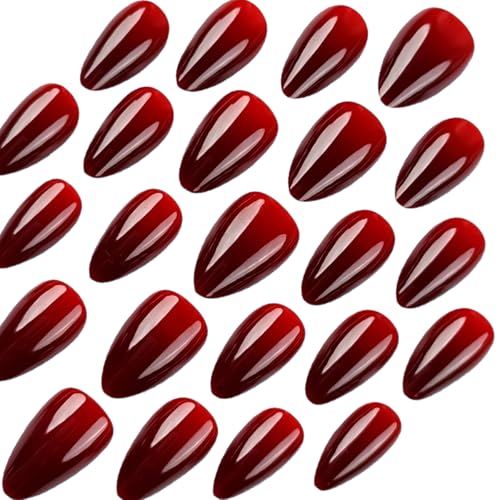 Red Press On Nails Medium Almond Burgundy Glossy Full Cover Reusable Acrylic Fake Nails Se